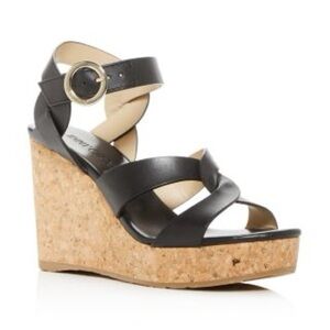 Jimmy Choo Aleili 100 Black Leather Wedge Sandals Size 39 NWT